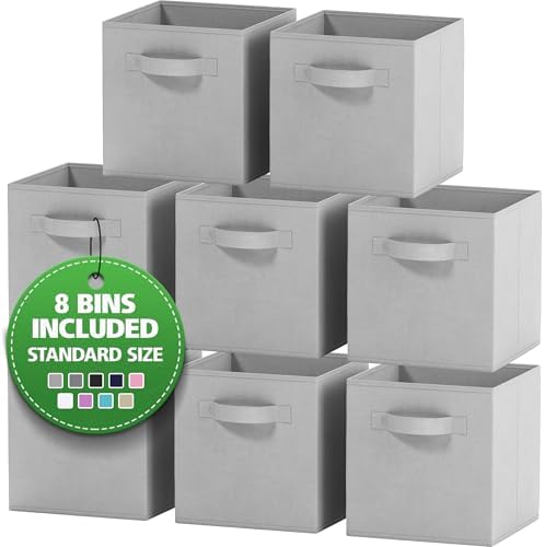 Storage Cubes Pack Of 8 - Standard Size Cube Storage Bin 10.5x10.5x11 With Dual Handles For Easy Carrying- Fabric Storage Bins Collapsible (Light Grey) by Royexe+Home