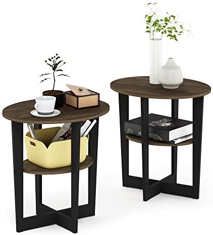 Furinno Jaya 2-Tier Round Side Table Set of 2, Open Shelf, Columbia Walnut by Furinno-FitsYourSpaceFitsYourBudget