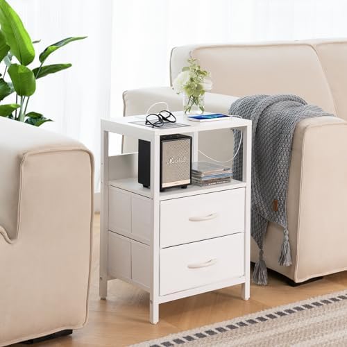 Yoobure Nightstand with Charging Station, Small Night Stand with Fabric Drawers and Storage Shelf for Bedrooms, Nightstands for Small Spaces, Bedside Table with USB Ports & Outlets, Bed Side Table - Image 2