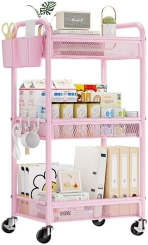 YASONIC 3 Tier Metal Rolling Cart, Pink Utility Storage Cart with Wheels by YASONIC