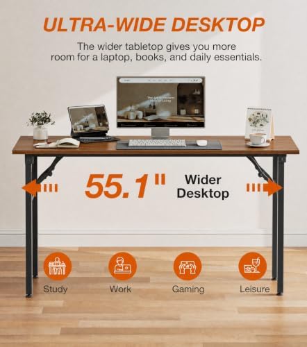 XBurmo Folding Desk Foldable Table, No Assembly 55.1" Foldable Desk Space-Saving Workstation for Small Space, Computer Table, Flat Storage for Home Office, Bedroom, Dorm, Study Room, Dark Walnut - Image 5