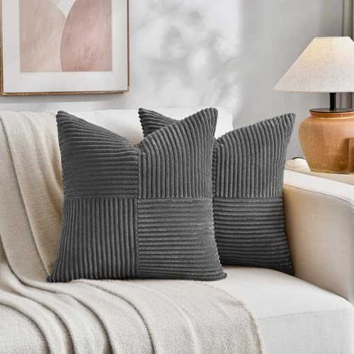 Fancy Homi 2 Packs Dark Gray Samll Decorative Throw Pillow Covers 12x12 Inch with for Couch Bed Sofa, Rustic Farmhouse Boho Home Decor, Soft Corss Patchwork Corduroy Square Cushion Case 30x30 cm - Image 5