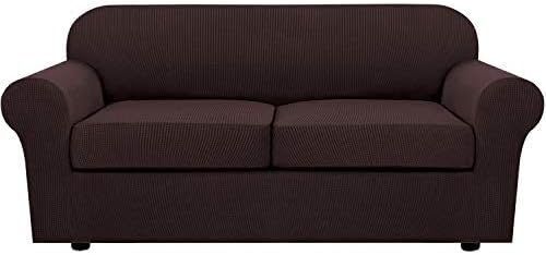 H.VERSAILTEX 3 Piece Stretch Sofa Covers for 2 Cushion Sofa Couch Covers for Living Room Sofa Slipcovers (Base Cover Plus 2 Seat Cushion Covers) Thicker Jacquard Fabric(Large Sofa, Chocolate) by HVERSAILTEX