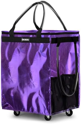 Medium Purple Reusable Grocery Bag on Wheels, Foldable Rolling Tote Bag by EROBSKJ