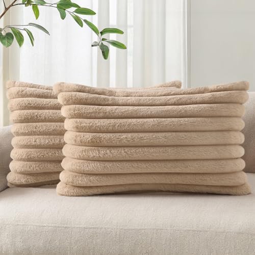 Pallene Faux Fur Decorative Throw Pillow Covers 12x20 Set of 2, Khaki by PALLENE