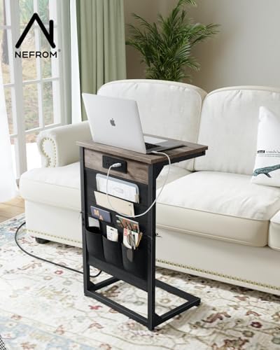 C-Shaped End Tables Set of 2, Small Couch Side Table with Fast-Charging Station, Sofa TV Tray Table with Storage Bag for Living Room, Bedroom, Bedside ET-GY-W2 - Image 5