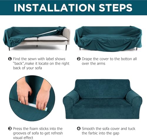 Peryiter 3 Pcs Couch and Loveseat Sofa Covers,Deep Teal,Velvet - Image 4