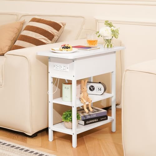 Yoobure End Table with Charging Station, Flip Top Side Table with USB Ports and Outlets, Sofa Couch Table Bedside Table for Living Room Bedroom, Narrow Nightstand with Storage Shelves for Small Spaces - Image 2