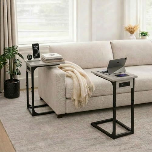 TEMI C Shaped End Table for Couch with Charging Station, Small Side Table TV Tray for Eating or Laptop, Accent Desk for Sofa or Chair, Space Saving Living Room Bedroom, Greige - Image 4