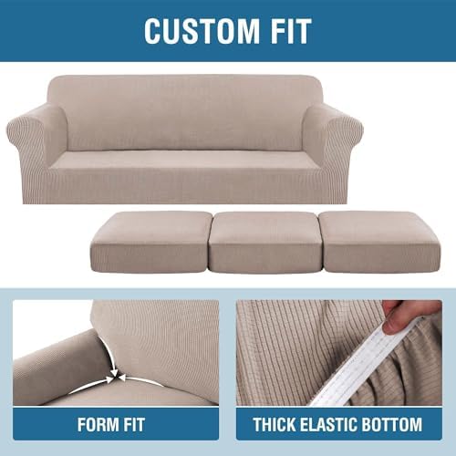 H.VERSAILTEX 4 Piece Stretch Sofa Covers for 3 Cushion Couch Covers Furniture Slipcovers (1 Base Cover Plus 3 Seat Cushion Covers) Thicker Jacquard Fabric Cover (XL Sofa, Khaki Sand) - Image 6