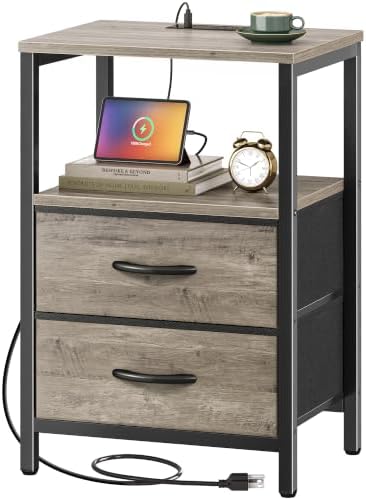 Huuger Nightstand with Charging Station, Side Table with Fabric Drawers by Huuger