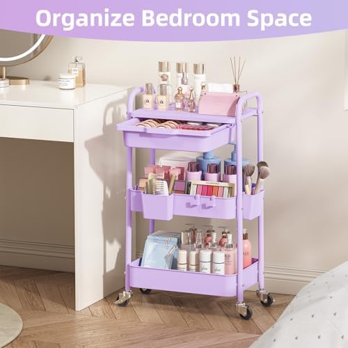 KINGRACK 3 Tier Metal Rolling Cart with Drawer, Purple Utility Storage Cart | 2 Cups & 4 Hooks, Lockable Wheels, Trolley Organizer for Bathroom, Kitchen, Office, Nursery, Dorm, Laundry, Craft Room - Image 6