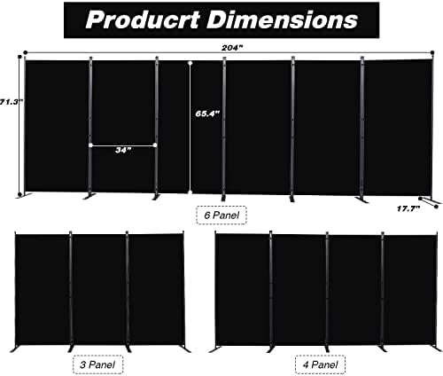 Room Divider, 6 Panel Folding Privacy Screens with Wider Feet, Black - Image 2