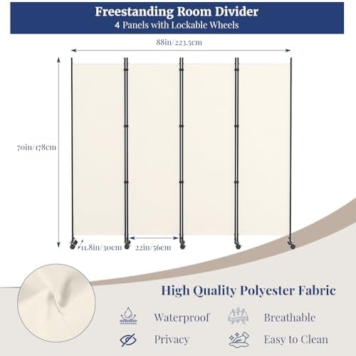 Kokorona 4 Panel Room Divider, 6FT Tall Rolling Privacy Screen with Lockable Wheels, Folding Wall Dividers Portable Room Divider for Room Separation, Included - Cover Strips, Beige, 88''W x 70''H - Image 2