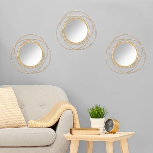 3 Set Gold Circle Mirrors for Wall Decor - Metal Art Small Round Mirror Sets - Hanging Wall Sculpture for Bedroom, Living Room, Entryway 12'' - Image 3
