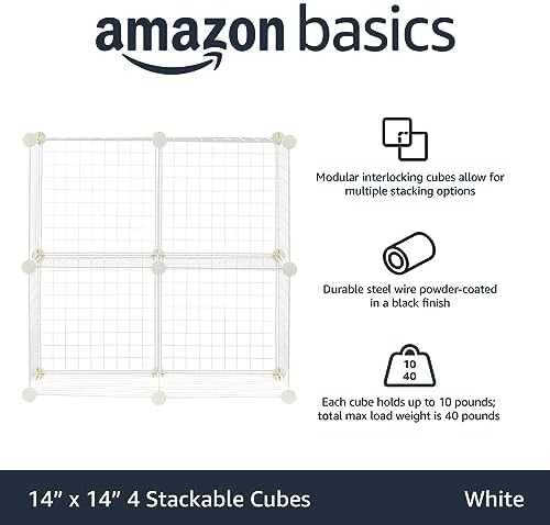 Amazon Basics 4 Cube Wire Grid Storage Organizer, Closet Organizer and Shelves, Stackable, Space-Saving, Easy to Assemble, 14"x14"x14", White - Image 4