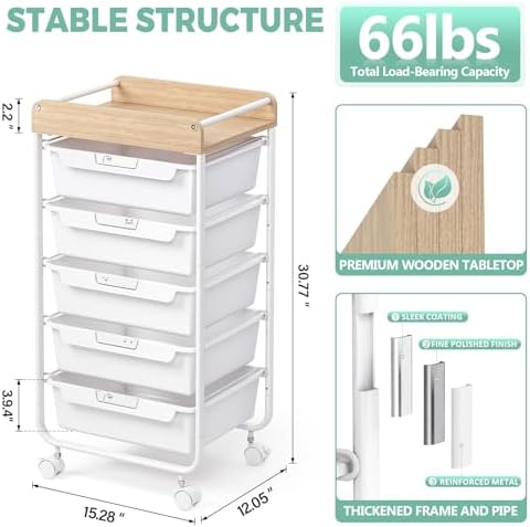 SYKIARIOL Rolling Cart with 5 Drawers,Art Craft Cart,White - Image 5