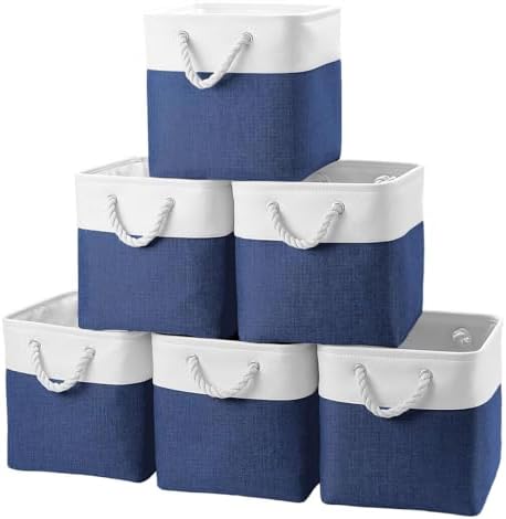 Cube Storage Bins, Collapsible Fabric Storage Cubes Bins, 11 Inch Cube Storage Bins with Handles, Foldable Storage Cubes (White/Navy, 6Pack) by BOFUGA