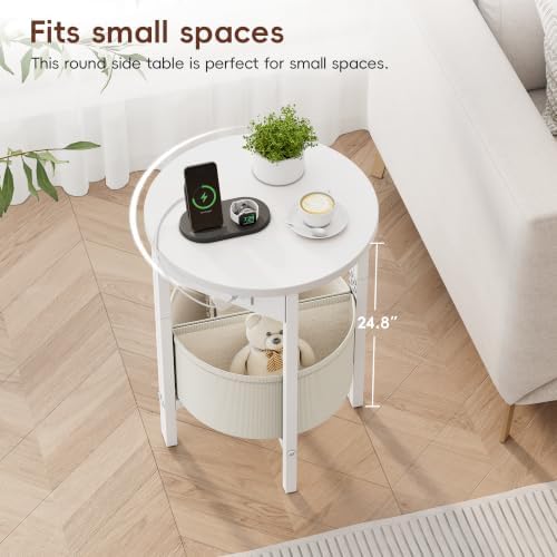 VAGUSICC Round Side Table with Charging Station, Small Round Accent End Table with Fabric Basket, Set of 2 Half Moon Tables Coffee Table, Bedside Table, Modern Nightstand for Living Room Bedroom,White - Image 4