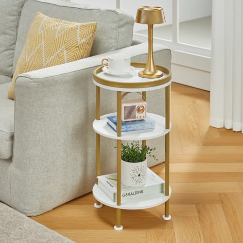 Small Round End Table with Charging Station, 3-Tier Accent Couch Beside Table with USB Ports & Power Outlets, Sofa Side Table for Living Room Small Nightstand Bedroom (USB Charger, White+Gold) - Image 4