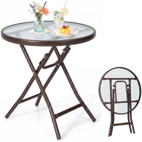 GIANTEX Outdoor Folding Side Table w/Tempered Glass Tabletop & Metal Frame by Giantex