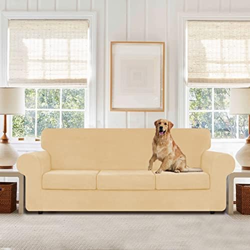 WEERRW 4 Pieces Couch Cover for Sofa Velvet Sofa Covers Washable, Champagne - Image 2