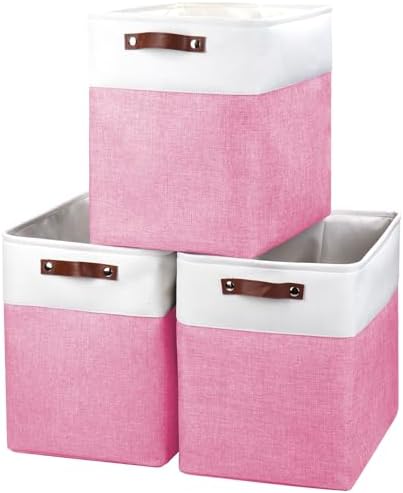 Bagnizer Large Fabric Storage Baskets | 50L Storage Bins, Decorative Linen Closet Baskets with Handles for Organizing, Shelf, Toys, Clothes, Home, Office, Nursery, 17x12x15Inches (Pink&White) by Bagnizer