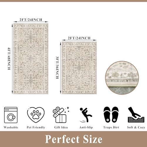 Kitchen Rugs Non-Slip Washable 2 Piece, Modern Boho Low Pile Stain-Resistant Floor Mats Set for Hardwood Floors, Soft Small Decorative Rugs (Beige, 2x3+2x4) - Image 2
