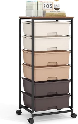 6 Drawer Rolling Storage Cart with Wooden Top and Wheels for Crafts,Brown by APEXCHASER