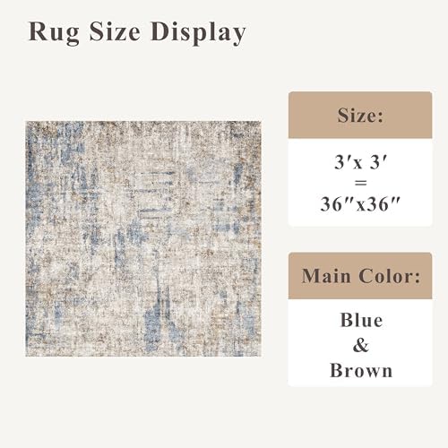 3x3 Square Entryway Rug Washable – Non-Slip Small Area Rug for Kitchen or Bathroom, Soft Low-Pile Indoor Mat, Modern Abstract Thin Door Carpet (Blue Brown) - Image 2