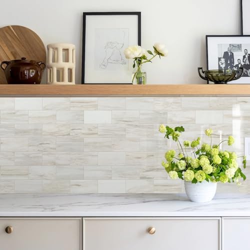 Vamos Tile 100-Piece Glossy Wooden Marble Grain Peel and Stick Backsplash Tile,3''x6'' PVC Subway Tile with White Grout, Stick on Backsplash for Kitchen/Bathroom/Fireplace - Image 3