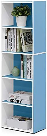 Furinno LUDER Book Shelf, 5-Tier Bookshelf, Bookcase with Open Shelves, 9.4 x 15.8 x 52, Easy Assembly, for Living Room, Bedroom, Home Office, White/Light Blue by Furinno-FitsYourSpaceFitsYourBudget