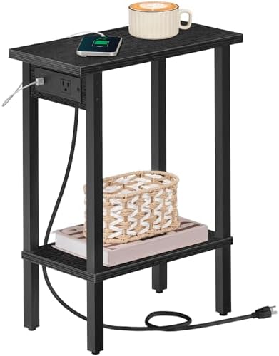 HOOBRO Small End Table with Charging Station, Narrow Side Table with USB Port and Outlets, Skinny Sofa Table, Slim Nightstand, Living Room, Bedroom, Black BK240UBZ01 by HOOBRO