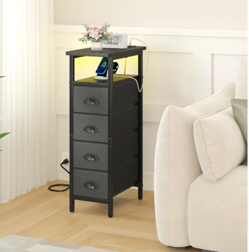 sthmec Side Table with Charging Station, Narrow End Table with 4 Drawers, LED Nightstands with Fabric Drawers,Slim Sofa Couch Side Tables for Small Spaces,Living Room,Bedroom, Black - Image 2