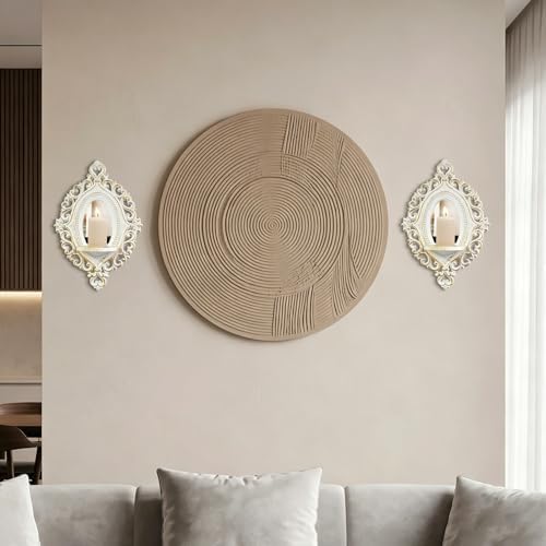 2 Set Vintage Candle Wall Sconce for Home Decor Living Room Bedroom Office Wood Antique Mirrored Victorian Mounted Candlestick Wall Holder Relief Hanging Decor -White 11.8in - Image 5
