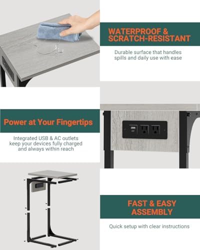 C-Shaped Side Table for Couch - Small Coffee Stand Sofa Tray Desk with Metal Frame Waterproof Scratch Resistant Wood Top and Built-in Charging Station, Greige - Image 3