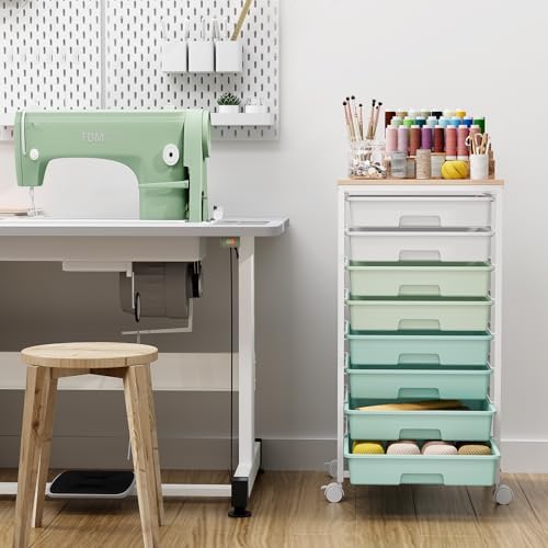 Storage Cart with 8 Drawers, Utility Cart with White Drawers and Wooden Tabletop, Craft Cart, Teacher Organization for Classroom, Storage Furniture, Office Organization, Green - Image 6