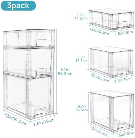 Vtopmart 3 Pack Clear Stackable Storage Drawers,Easy to Assemble Bathroom Organizers and Storage with handles,Plastic Drawers for Kitchen Pantry,Cabinet,Under Sink Organization - Image 3