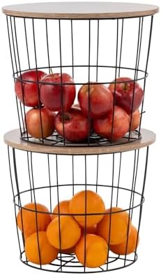 IRIS USA Round Wire Basket with Wooden Lid, 2 Pack by IRISUSA