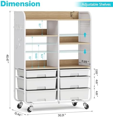 APEXCHASER 6 Drawers Rolling Storage Cabinet with Wood Top& Pegboards White - Image 3