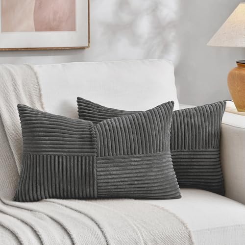 Fancy Homi 2 Packs Dark Gray Lumbar Decorative Throw Pillow Covers 16x28 Inch for Living Room Couch Bed Sofa, Farmhouse Home Decor, Soft Striped Corduroy Rectangle Accent Cushion Case 40x70 cm by Fancy+Homi