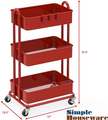 Simple Houseware 3-Tier Heavy Duty Metal Utility Rolling Cart, Red - Image 6