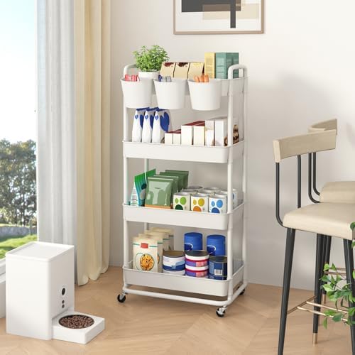 JIUYOTREE 4-Tier Plastic Rolling Storage Cart Utility Cart White - Image 4