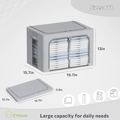 CYhom Clothes Storage Bins Box - Foldable Stackable Container Organizer Set with Clear Window & Carry Handles & Metal Frame - 2Pack Large Capacity for Bedding, Blankets, Books - Image 4