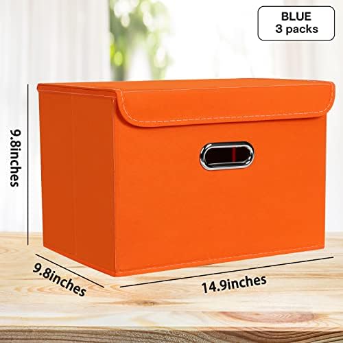 Linen Fabric Foldable Collapsible Storage Cube Bin Organizer Basket Fabric Storage Bins with Lid, Leather Handles, Removable Divider for Home, Closet, Orange - Image 2