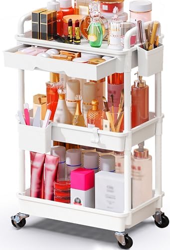 SUNALLY Makeup Cart Organizer with Drawer,3 Tier Rolling Makeup Cart, White by SUNALLY