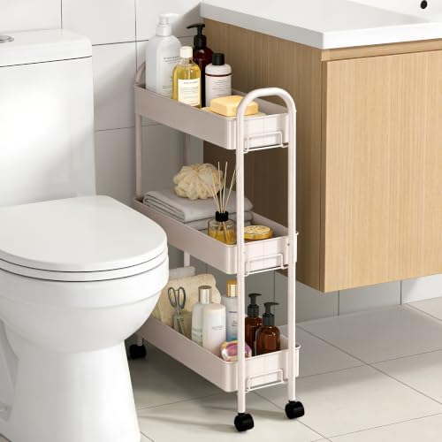 Slim Rolling Cart, Metal Frame Utility Rolling 3-Tier Narrow Storage Cart - Image 4