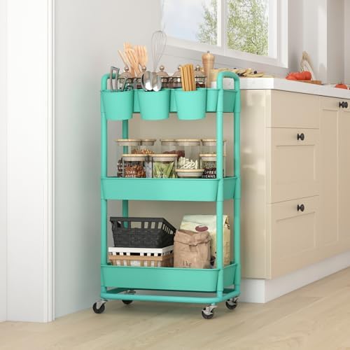 JIUYOTREE 3-Tier Plastic Rolling Storage Cart Utility Cart Green - Image 6