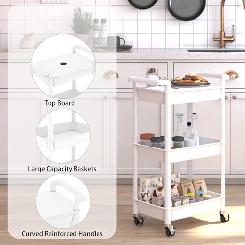 Steehoom 3-Tier Utility Rolling Cart with Cover Top Board, Mobile Utility Cart with Lockable Casters Multi-Functional Storage Trolley for Office, Bathroom, Kitchen, Garden, Laundry Room (White) - Image 2