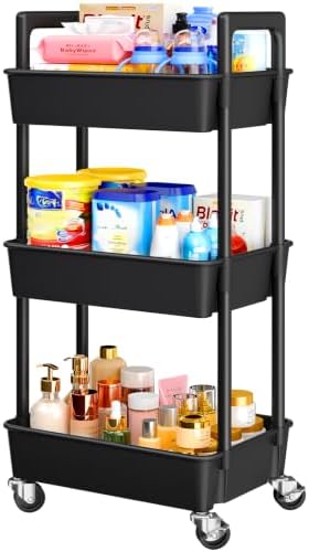 Pipishell 3 Tier Rolling Cart Organizer, Plastic Rolling Cart with Lockable Wheels & Reinforced Handle, Lightweight Utility Storage Cart for Nursery, Kitchen, Craft Room, Black by Pipishell